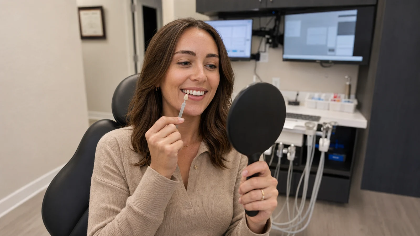 A patient checking her new tooth shade in a hand mirror at Fort Worth Family and Implant Dentistry